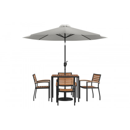 BLNK Lark Outdoor Patio Table Set with 4 Synthetic Teak Stackable Chairs, Square Table, Umbrella and Base - Gray