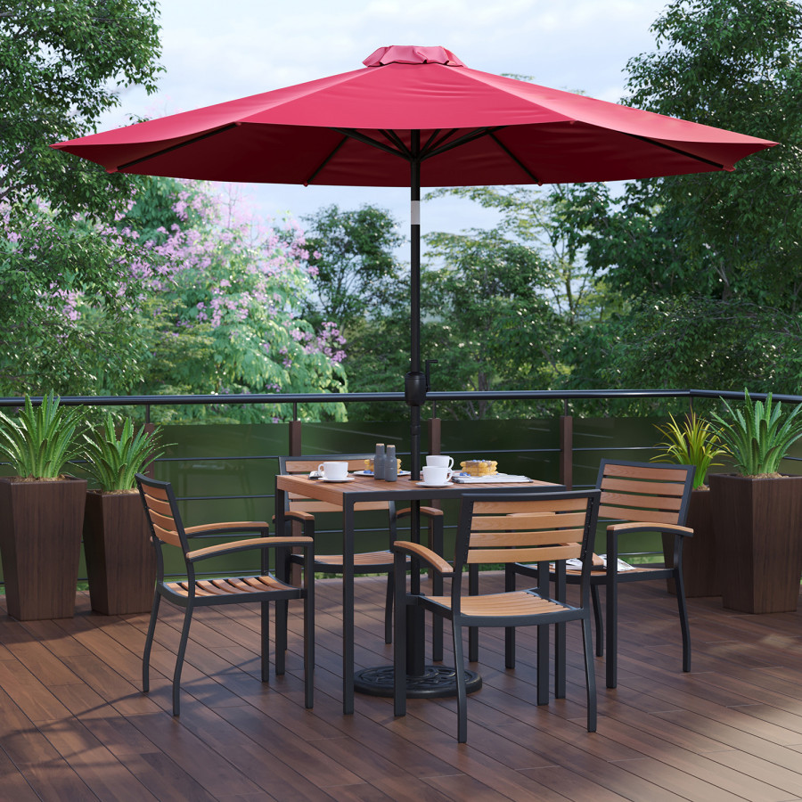 BLNK Lark Outdoor Patio Table Set with 4 Synthetic Teak Stackable Chairs, Square Table, Umbrella and Base - Red