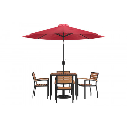 BLNK Lark Outdoor Patio Table Set with 4 Synthetic Teak Stackable Chairs, Square Table, Umbrella and Base - Red