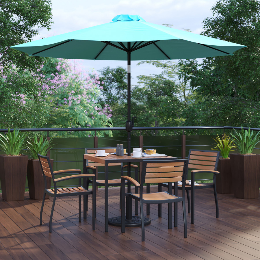 BLNK Lark Outdoor Patio Table Set with 4 Synthetic Teak Stackable Chairs, Square Table, Umbrella and Base - Teal