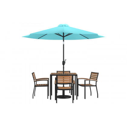 BLNK Lark Outdoor Patio Table Set with 4 Synthetic Teak Stackable Chairs, Square Table, Umbrella and Base - Teal