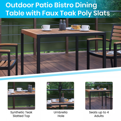 BLNK Lark Outdoor Patio Table Set with 4 Synthetic Teak Stackable Chairs, Square Table, Umbrella and Base - Teal