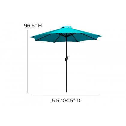 BLNK Lark Outdoor Patio Table Set with 4 Synthetic Teak Stackable Chairs, Square Table, Umbrella and Base - Teal