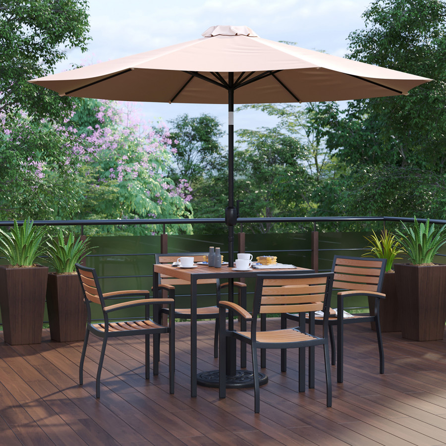 BLNK Lark Outdoor Patio Table Set with 4 Synthetic Teak Stackable Chairs, Square Table, Umbrella and Base - Tan