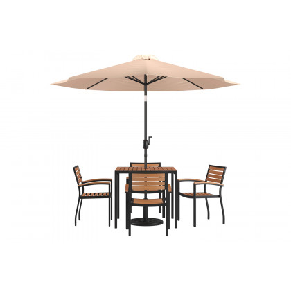BLNK Lark Outdoor Patio Table Set with 4 Synthetic Teak Stackable Chairs, Square Table, Umbrella and Base - Tan