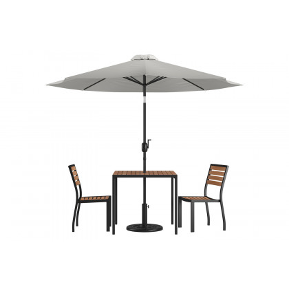 BLNK All-Weather Deck or Patio Set with 2 Stacking Faux Teak Chairs, 35" Square Faux Teak Table, Umbrella and Base - Gray