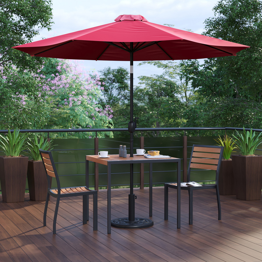 BLNK All-Weather Deck or Patio Set with 2 Stacking Faux Teak Chairs, 35" Square Faux Teak Table, Umbrella and Base - Red