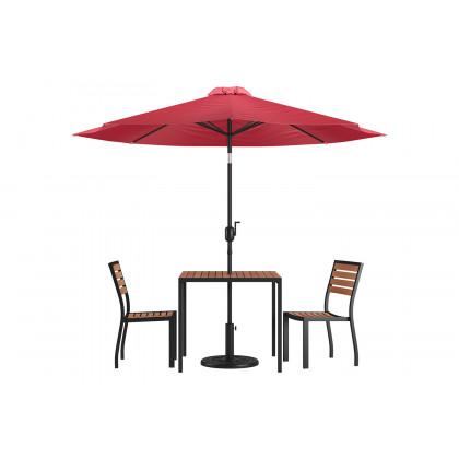 BLNK All-Weather Deck or Patio Set with 2 Stacking Faux Teak Chairs, 35" Square Faux Teak Table, Umbrella and Base - Red