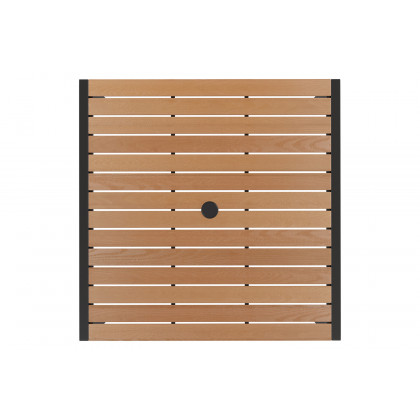 BLNK All-Weather Deck or Patio Set with 2 Stacking Faux Teak Chairs, 35" Square Faux Teak Table, Umbrella and Base - Red