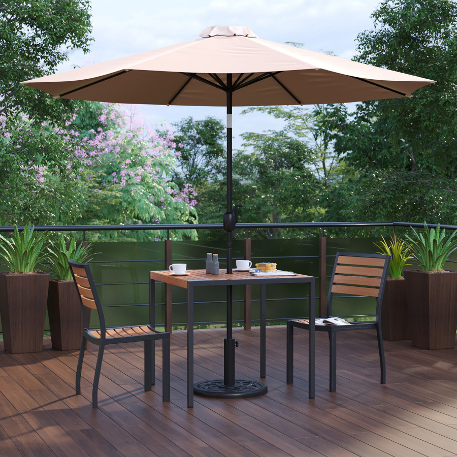 BLNK All-Weather Deck or Patio Set with 2 Stacking Faux Teak Chairs, 35" Square Faux Teak Table, Umbrella and Base - Tan