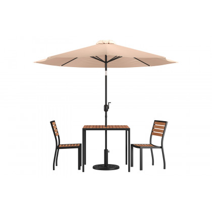 BLNK All-Weather Deck or Patio Set with 2 Stacking Faux Teak Chairs, 35" Square Faux Teak Table, Umbrella and Base - Tan