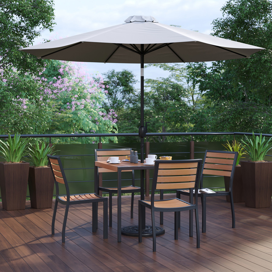 BLNK All-Weather Deck or Patio Set with 4 Stacking Faux Teak Chairs, 35" Square Faux Teak Table, Umbrella and Base - Gray