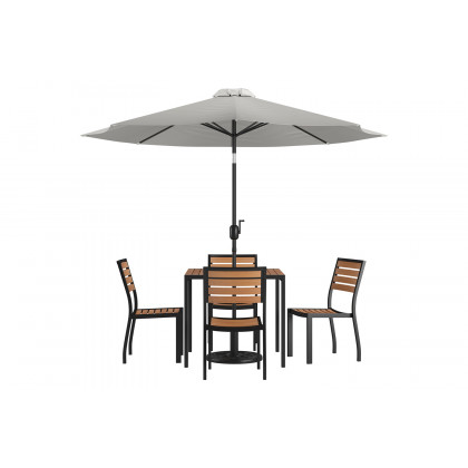 BLNK All-Weather Deck or Patio Set with 4 Stacking Faux Teak Chairs, 35" Square Faux Teak Table, Umbrella and Base - Gray