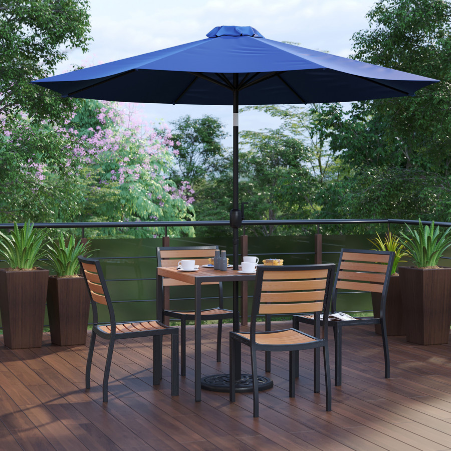 BLNK All-Weather Deck or Patio Set with 4 Stacking Faux Teak Chairs, 35" Square Faux Teak Table, Umbrella and Base - Navy