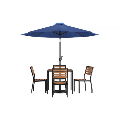 BLNK All-Weather Deck or Patio Set with 4 Stacking Faux Teak Chairs, 35" Square Faux Teak Table, Umbrella and Base - Navy