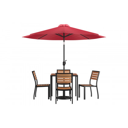 BLNK All-Weather Deck or Patio Set with 4 Stacking Faux Teak Chairs, 35" Square Faux Teak Table, Umbrella and Base - Red