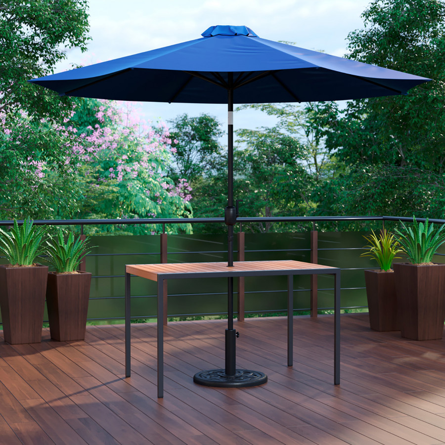 BLNK Lark Outdoor Patio Table Set with 30" x 48" Synthetic Teak Patio Table, Umbrella and Base - Navy