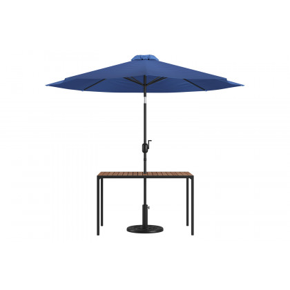BLNK Lark Outdoor Patio Table Set with 30" x 48" Synthetic Teak Patio Table, Umbrella and Base - Navy