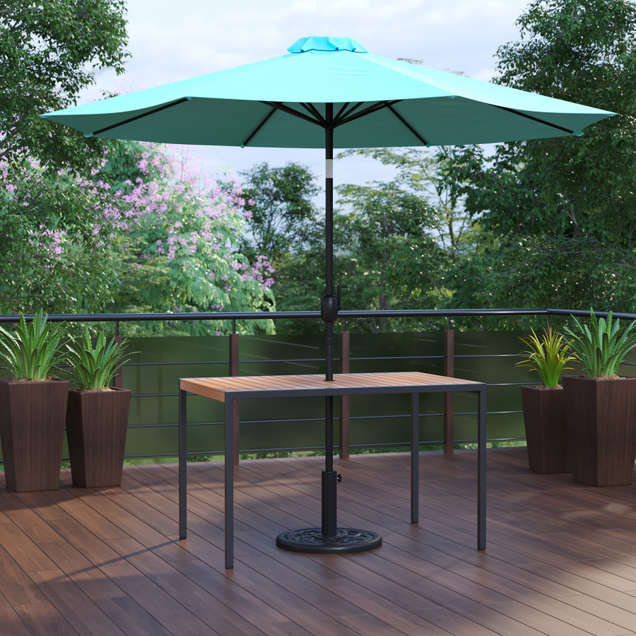 BLNK - Lark Outdoor Patio Table Set with 30" x 48" Synthetic Teak Patio Table, Umbrella and Base