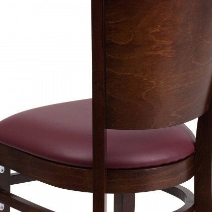 BLNK Lacey Series Walnut Wood Solid Back Restaurant Chair with Vinyl Seat - Burgundy