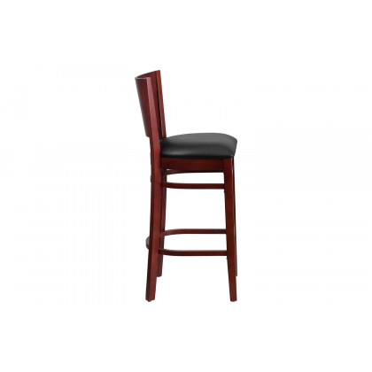 BLNK Lacey Series Mahogany Wood Solid Back Restaurant Bar Stool with Vinyl Seat - Black