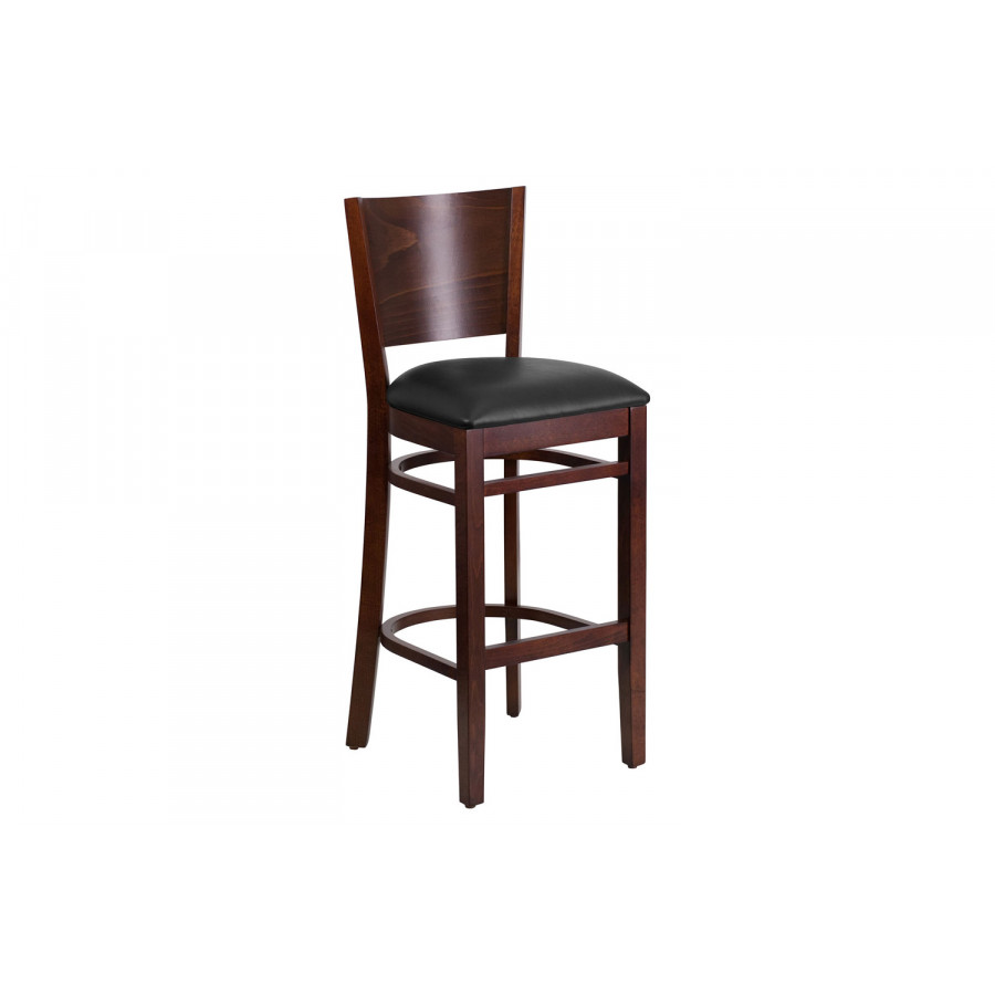 BLNK - Lacey Series Walnut Wood Solid Back Restaurant Bar Stool with Vinyl Seat