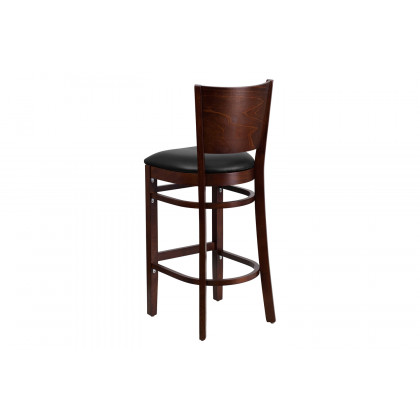 BLNK Lacey Series Walnut Wood Solid Back Restaurant Bar Stool with Vinyl Seat - Black
