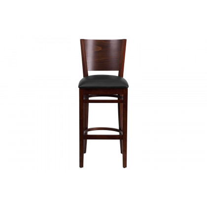 BLNK Lacey Series Walnut Wood Solid Back Restaurant Bar Stool with Vinyl Seat - Black