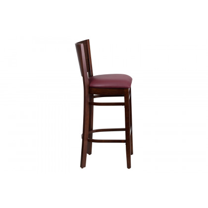 BLNK Lacey Series Walnut Wood Solid Back Restaurant Bar Stool with Vinyl Seat - Burgundy
