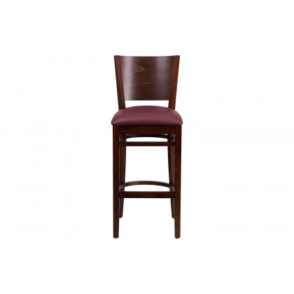 BLNK Lacey Series Walnut Wood Solid Back Restaurant Bar Stool with Vinyl Seat - Burgundy
