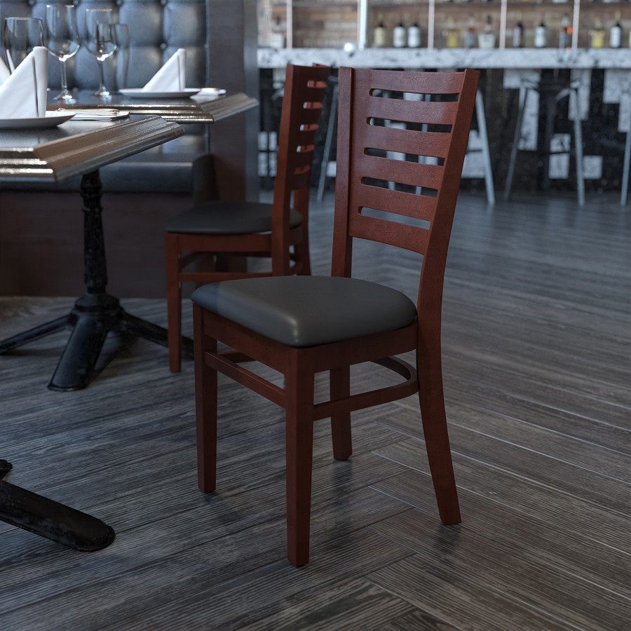 BLNK - Darby Series Walnut Wood Slat Back Restaurant Chair with Vinyl Seat