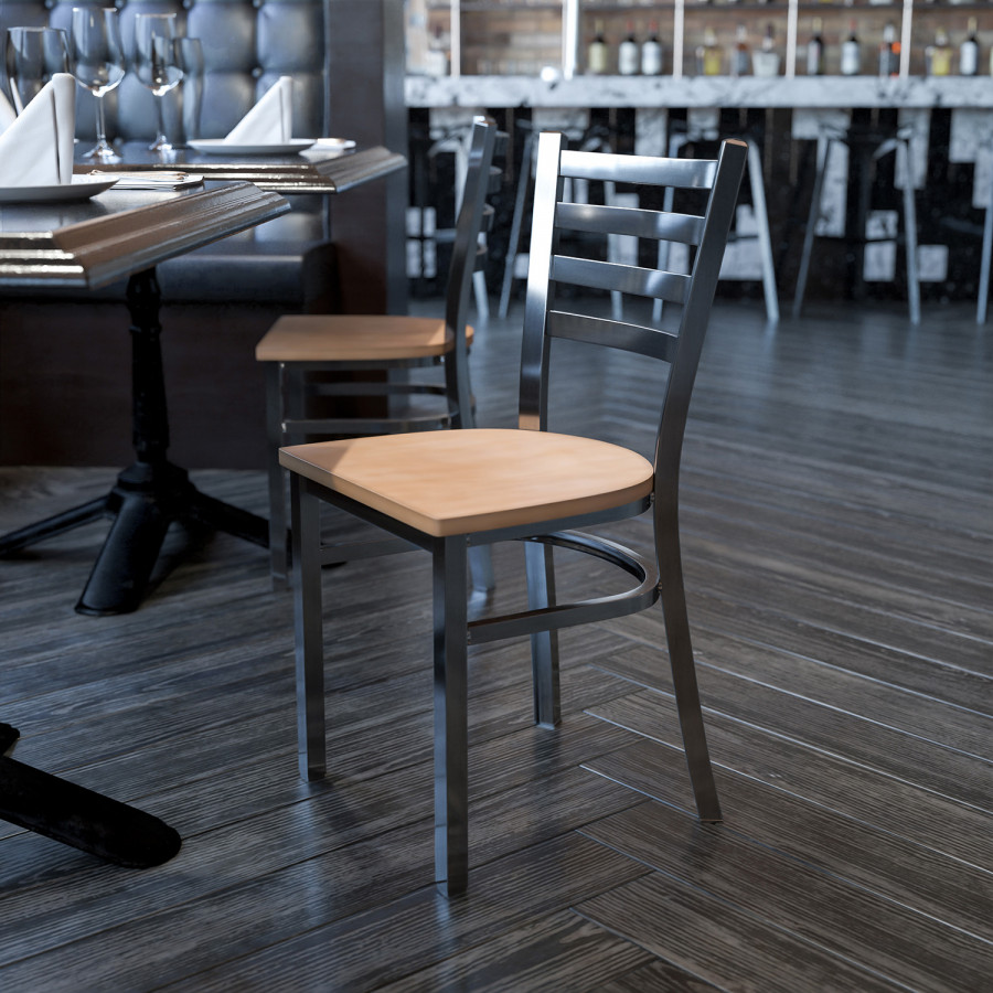 BLNK HERCULES Series Clear Coated Metal Ladder Back Restaurant Chair with Wood Seat - Natural