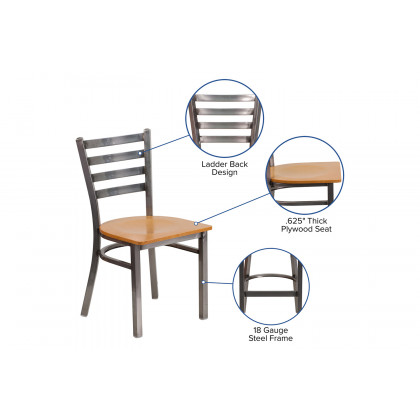 BLNK HERCULES Series Clear Coated Metal Ladder Back Restaurant Chair with Wood Seat - Natural
