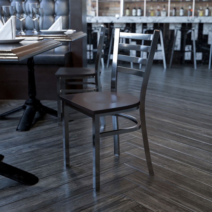 BLNK HERCULES Series Clear Coated Metal Ladder Back Restaurant Chair with Wood Seat - Walnut