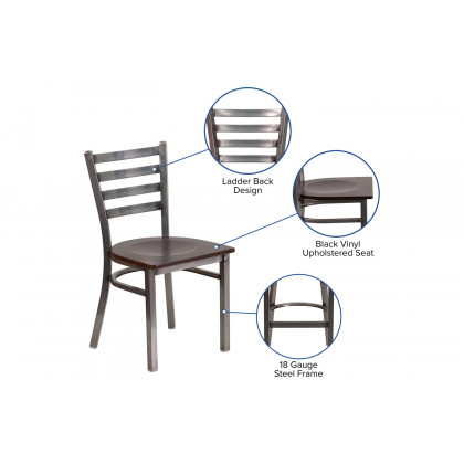 BLNK HERCULES Series Clear Coated Metal Ladder Back Restaurant Chair with Wood Seat - Walnut