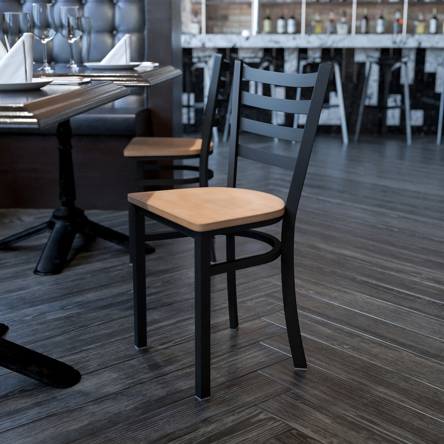 BLNK HERCULES Series Black Metal Ladder Back Restaurant Chair with Wood Seat - Natural