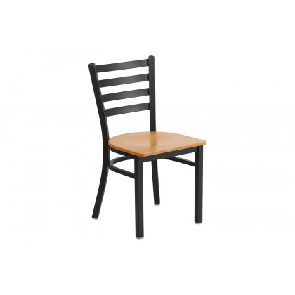 BLNK HERCULES Series Black Metal Ladder Back Restaurant Chair with Wood Seat - Natural