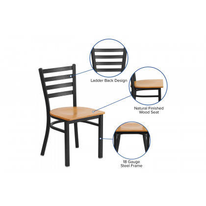 BLNK HERCULES Series Black Metal Ladder Back Restaurant Chair with Wood Seat - Natural