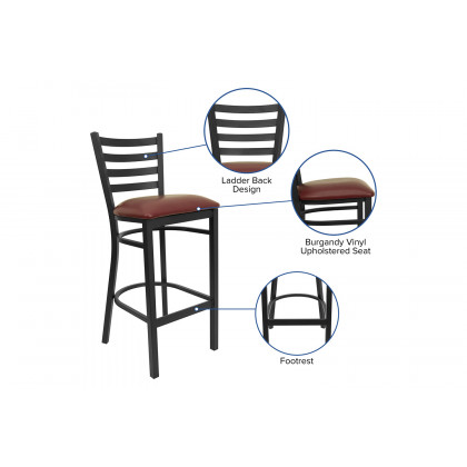 BLNK HERCULES Series Black Metal Ladder Back Restaurant Bar Stool with Vinyl Seat - Burgundy