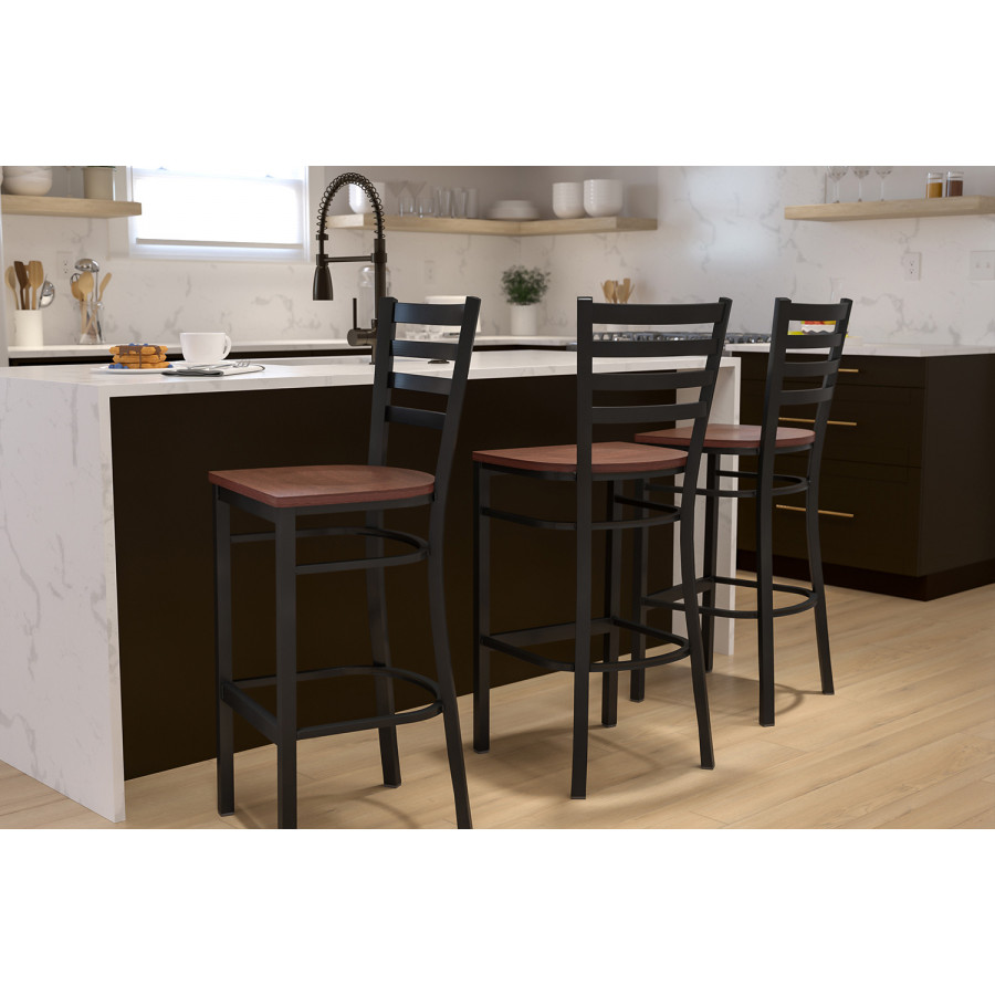 BLNK HERCULES Series Black Metal Ladder Back Restaurant Bar Stool with Wood Seat - Cherry