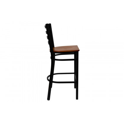 BLNK HERCULES Series Black Metal Ladder Back Restaurant Bar Stool with Wood Seat - Cherry