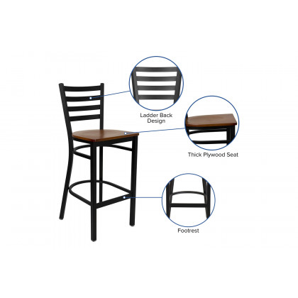 BLNK HERCULES Series Black Metal Ladder Back Restaurant Bar Stool with Wood Seat - Cherry
