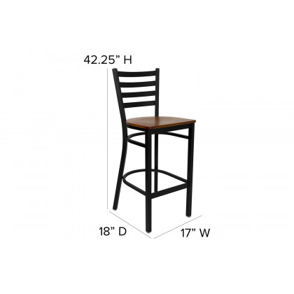 BLNK HERCULES Series Black Metal Ladder Back Restaurant Bar Stool with Wood Seat - Cherry