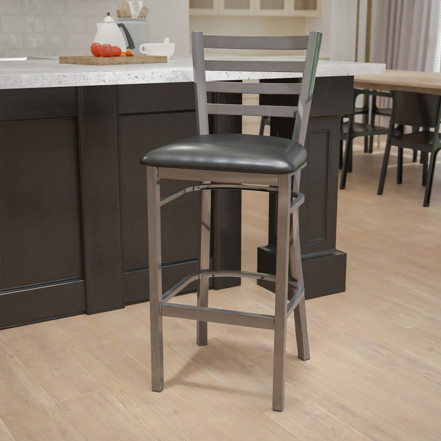 BLNK HERCULES Series Clear Coated Metal Ladder Back Restaurant Bar Stool with Vinyl Seat - Black