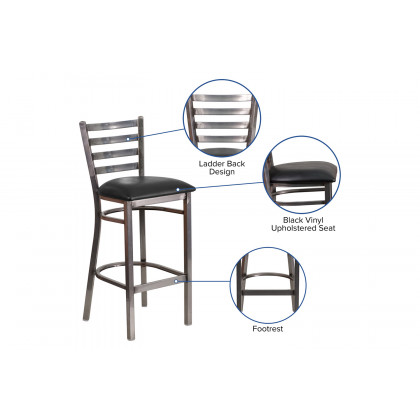BLNK HERCULES Series Clear Coated Metal Ladder Back Restaurant Bar Stool with Vinyl Seat - Black