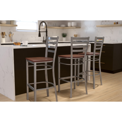BLNK - HERCULES Series Clear Coated Metal Ladder Back Restaurant Bar Stool with Wood Seat