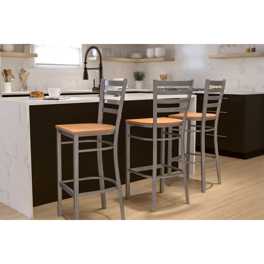 BLNK HERCULES Series Clear Coated Metal Ladder Back Restaurant Bar Stool with Wood Seat - Natural
