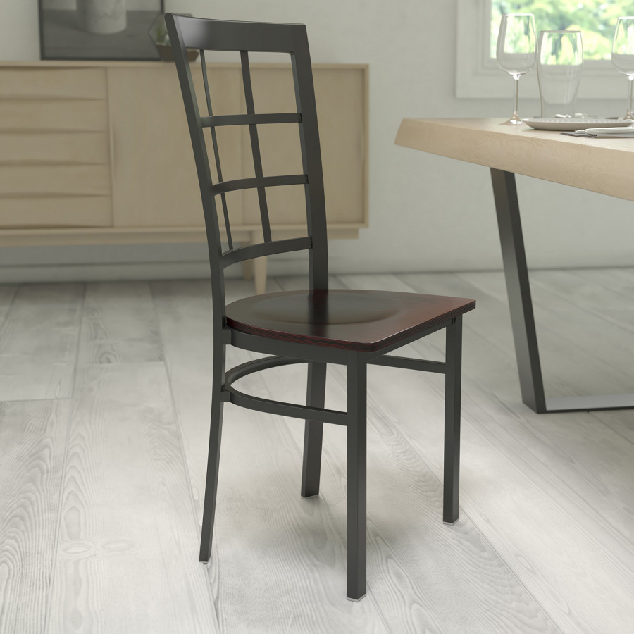 BLNK HERCULES Series Black Metal Window Back Restaurant Chair with Wood Seat - Walnut