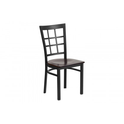 BLNK HERCULES Series Black Metal Window Back Restaurant Chair with Wood Seat - Walnut
