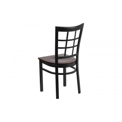 BLNK HERCULES Series Black Metal Window Back Restaurant Chair with Wood Seat - Walnut
